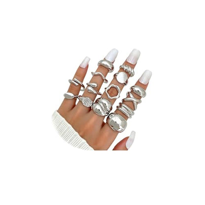 Chunky Rings for Women Non Tarnish 14k Stackable Dome Statement Rings Sets Vintage Dainty Knuckle Open Midi Finger Rings Jewelry Pack Gifts - style: Silver 14Pcs