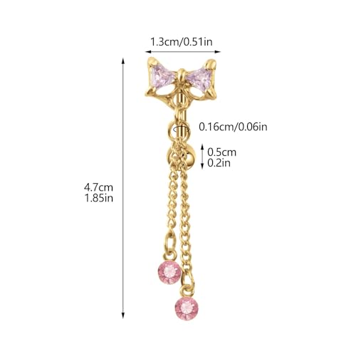 14G CZ Bowknot Reverse Belly Button Rings for Women Stainless Steel Pink Purple Crystal Bow Chains Tassel Dangle Belly Navel Rings Navel Curved Barbell Body Piercing Jewelry - color: Pink