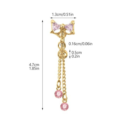 14G CZ Bowknot Reverse Belly Button Rings for Women Stainless Steel Pink Purple Crystal Bow Chains Tassel Dangle Belly Navel Rings Navel Curved Barbell Body Piercing Jewelry - color: Pink