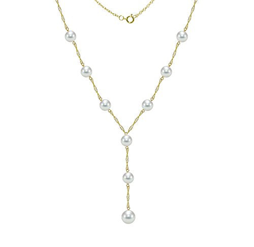 14K Yellow Gold Lariat Tin Cup Station Necklace | Saltwater White Akoya Cultured Pearl, 6.5-7mm and 8-8.5mm, 18" + 2" Drop