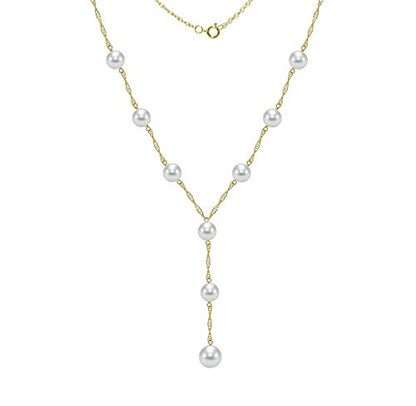 14K Yellow Gold Lariat Tin Cup Station Necklace | Saltwater White Akoya Cultured Pearl, 6.5-7mm and 8-8.5mm, 18" + 2" Drop