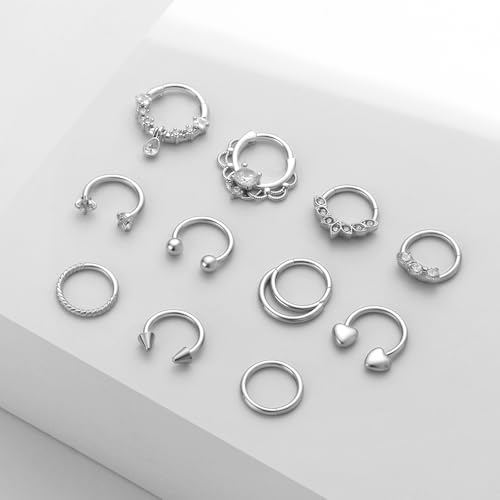 11PCS 16G Septum Rings Surgical Stainless Steel Septum Jewelry Hinged Clicker Segment Horseshoe Septum Piercing Gold Plated Daith Earrings for Women Men 8mm 10mm - color: Silver Tone