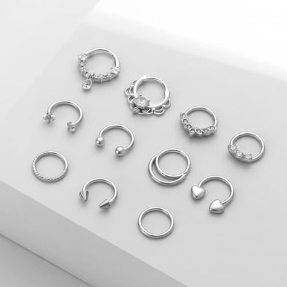 11PCS 16G Septum Rings Surgical Stainless Steel Septum Jewelry Hinged Clicker Segment Horseshoe Septum Piercing Gold Plated Daith Earrings for Women Men 8mm 10mm - color: Silver Tone