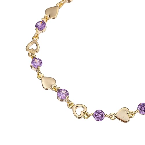 14K White Gold Plated Link Bracelet for Women Heart Star Round Beaded Charms Dainty Chain Simple Jewelry Gifts - color: star purple zircon-gold