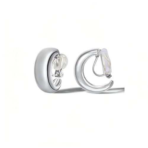 FAN&LOUIS Gold Silver Clip On Hoop Earrings,14K Gold Plated Chunky Gold Small Huggie Hoops Clip-On Earrings for Women│Small Wide Round Hoop Clip On Earrings - style: Silver
