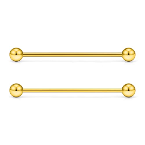 16G 14G Surgical Steel Tongue Rings Nipple Rings Industrial Piercing Jewelry Set Multi Size Straight Barbells 12mm 14mm 16mm 19mm 22mm 28mm 32mm 35mm 38mm 40mm 45mm for Women Men - color: goldtone, size: 14g,bar length 38mm