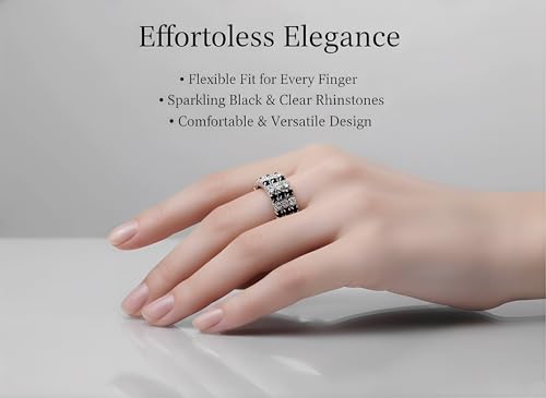 Sparkling Rhinestone Ring Set Trendy Elastic Rhinestone Crystal Stretch Ring Stackable Jewelry for Women Girls - color: 3 Rows Ring-White+Black