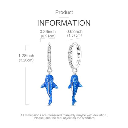 925 Sterling Silver Dangle Whale Shark Butterfly Bow Earrings for Women | Hypoallergenic Huggie Hoop Drop Cross Earrings for Sensitive Ears, Cubic Zirconia Statement Trendy Jewelry Birthday Gifts - color: Blue Whale Shark Earrings