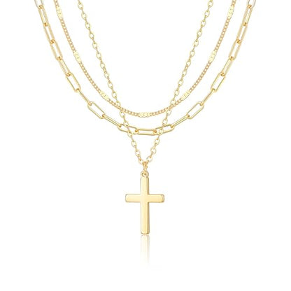 Gold Necklace for Women 14K Gold Plated Layered Cross Bar Necklace Herringbone Figaro Paperclip Flat Chain Cute Charm Accessories Non Tarnish Jewelry Set Gifts for Women - style: R-NK-07-Big cross-GD