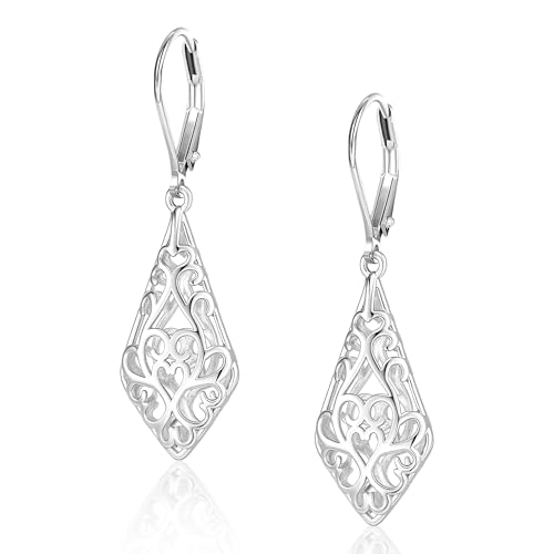 BOUTIQUELOVIN Filigree Dangle Earrings for Women Drop Earings | 14K Gold Plated Geometric Dangling Leverback Earrings Silver Hypoallergenic Dangly Earings Lightweight Daily Jewelry Gifts - color: A-Silver
