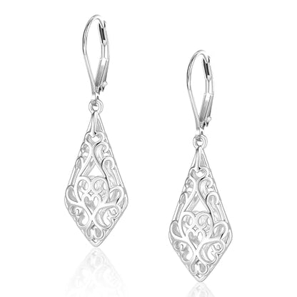 BOUTIQUELOVIN Filigree Dangle Earrings for Women Drop Earings | 14K Gold Plated Geometric Dangling Leverback Earrings Silver Hypoallergenic Dangly Earings Lightweight Daily Jewelry Gifts - color: A-Silver