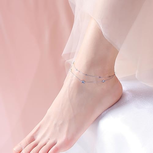 DAOCHONG Double Foot Chain Layer Ankle Bracelets for Women S925 Sterling Silver 3 Blue Stars Beads Chain Double Layer Anklet Beach Jewelry Anklet 9+1.5 inches - style: 02_Three Star