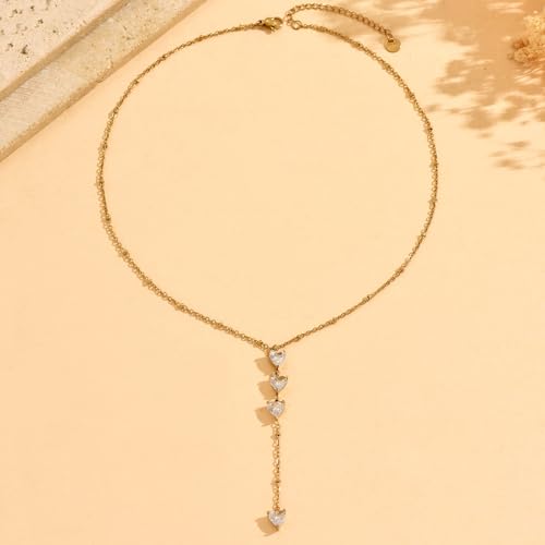 Lariat Necklaces for Women 18K Gold Plated Cubic Zirconia Heart Necklaces Dainty Star Lightning Sun and Moon Necklace Trendy Y Shaped Drop Diamond Necklace - color: 4 Heart CZ Y Necklace-Gold
