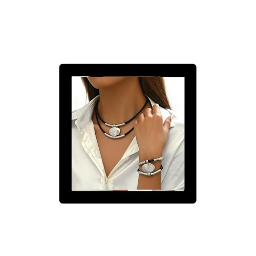 Gold Jewelry Set, Bohemian Double-Layer Black Rope With Oval Black Acrylic Pendant Necklace And Bracelet Set Vintage Trendy Golden Necklaces Bracelets For Women Gift - color: Black&Silver