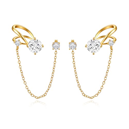 Cicy Bell Ear Cuff Earrings for Women Cubic Zirconia Stud Chain Earrings | 18k Gold Plated Clip On Climber earrings Non Piercing Waterproof Jewelry Gifts Birthday Party - color: Gold