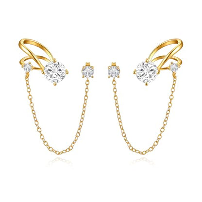 Cicy Bell Ear Cuff Earrings for Women Cubic Zirconia Stud Chain Earrings | 18k Gold Plated Clip On Climber earrings Non Piercing Waterproof Jewelry Gifts Birthday Party - color: Gold