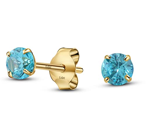 Solid 14K Yellow Gold Round Solitaire Simulated-Birthstone Minimalist Stud Earring - color: 12-December, size: 3mm