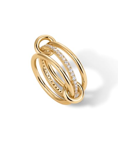 PAVOI 14K Gold Plated Interlocked Stackable Rings for Women - Statement Mixed Metals Multi Ring Stack - Cubic Zirconia Two-Toned Connected Bands Stacking Jewelry - style: Thin Bands & CZ -Yellow Gold