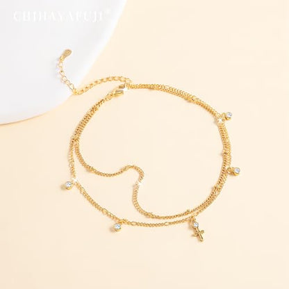 Sterling Silver Ankle Bracelets for Women 14K Gold Waterproof Layered Stackable Bead Chain Cross Charm Non Tarnish Large Adjustable Anklet for Summer Beach Jewelry Gift - color: gold2