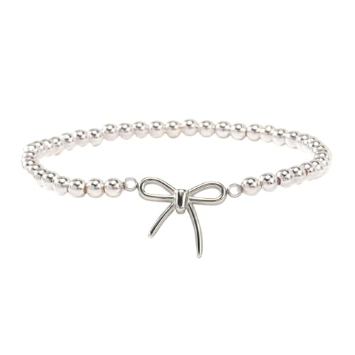 Gold Bow Bracelets Dainty Gold Plated Chain Bracelets Necklaces Set Ribbon Choker Bracelets Necklaces Trendy Jewelry Gifts for Women - color: Beads Silver