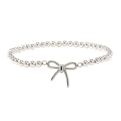 Gold Bow Bracelets Dainty Gold Plated Chain Bracelets Necklaces Set Ribbon Choker Bracelets Necklaces Trendy Jewelry Gifts for Women - color: Beads Silver