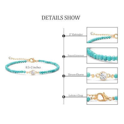 Raicegs Anklets for Women Handmade Beach Boho Ankle Bracelet 3mm Natural Stone Beaded Ankle Bracelet 14K Gold Plated Zircon Pendant Adjustable Crystal Gemstone Anklet Jewelry Gift for Her - color: Turquoise
