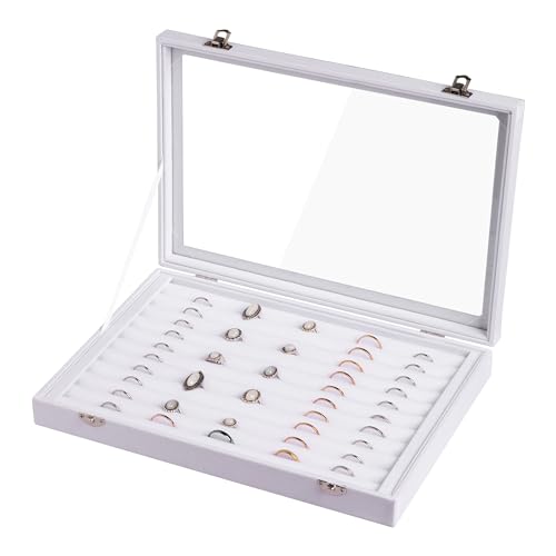 Frebeauty 10 Slots Ring Organizer Tray,Velvet Ring Box with Clear Lid | Velvet Lining,Fits Various Rings and Stud,Glass Lid,Dustproof Design,for Personal Use and Jewelry Display,for Women Girls - color: White, size: 10 Slots