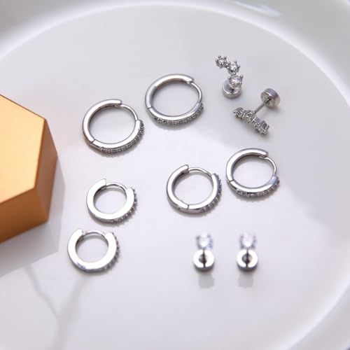 Stainless Steel Stud Earrings Set for Women Hypoallergenic Flat Back Cartilage Earrings Screw Back Huggie Hoop Earrings Multiple Piercing Cubic Zirconia Helix Tragus Jewelry - color: Set-E-Silver