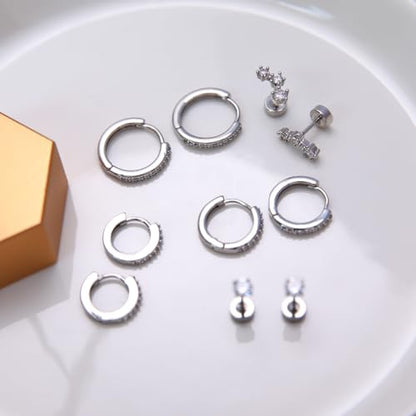 Stainless Steel Stud Earrings Set for Women Hypoallergenic Flat Back Cartilage Earrings Screw Back Huggie Hoop Earrings Multiple Piercing Cubic Zirconia Helix Tragus Jewelry - color: Set-E-Silver