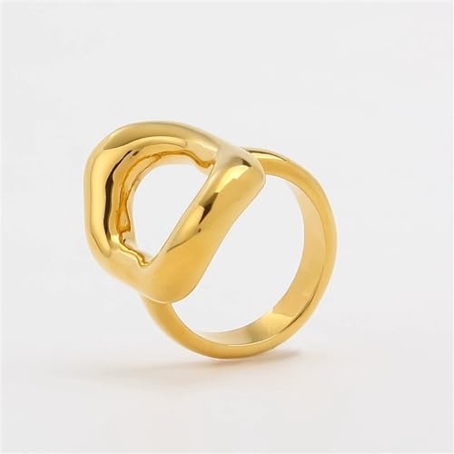 Kokoma Hollow Oval Shaped Chunky Statement Ring for Women Stainless Steel Irregular Thick Chunky Finger Band Stackable Rings Geometric Ring Minimalist Jewelry - color: Gold