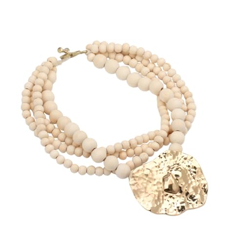 Multi Strand Bead Pendant Necklace for Women Stone Wood Pearl Jewelry | Gold Color Metal Charm Fashion Ethnic Tribal Elegant Statement - color: N1537-wood