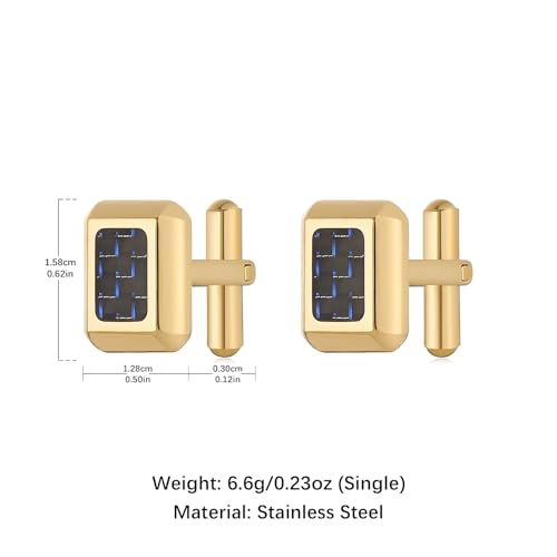 HZMAN Rectangle Carbon Fiber Cufflinks for Men, Stainless Steel High Polished Formal Cuff Links with Carbon Fiber Inlay, Dress Shirt Accessories for Wedding Business Party - style: Gold