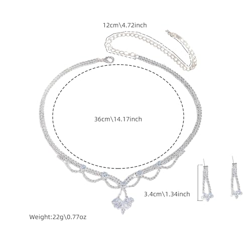Women's Fashion Jewelry Rhinestone Zircon Necklace and Earring Set Formal Ball Gown Accessories Silver Floral Pendant Bridal Wedding Jewelry Suitable for Weddings, Balls, Banquets, and All Special Occasions - style: GST002
