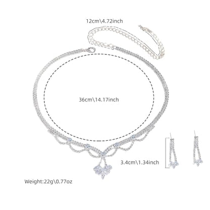Women's Fashion Jewelry Rhinestone Zircon Necklace and Earring Set Formal Ball Gown Accessories Silver Floral Pendant Bridal Wedding Jewelry Suitable for Weddings, Balls, Banquets, and All Special Occasions - style: GST002