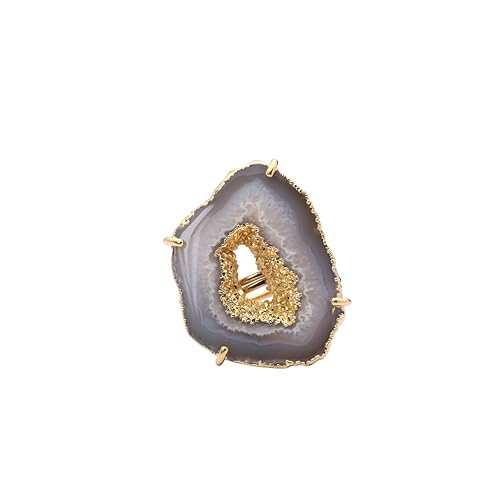 Ring Geode Druzy Slice Unique And Stylish Statement Gold Plated Jewelry Natural Gemstone Stone size 25-35 mm Approximately Adjustable Shank US Scale Size 6-9 - color: Gray, 6