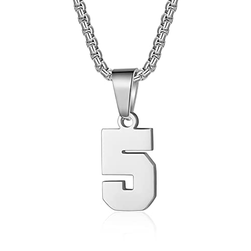 Susook Number Necklace for Boy Black Athletes Number Stainless Steel Chain 00-99 Number Charm Pendant Personalized Sports Jewelry for Men Basketball Baseball Football - color: Silver, style: 5