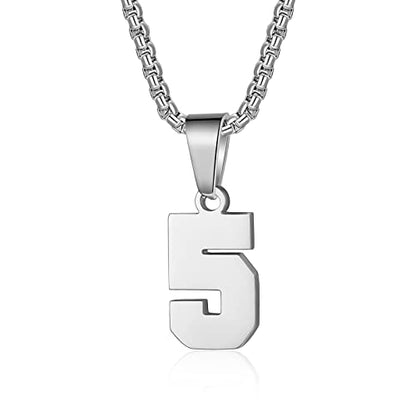 Susook Number Necklace for Boy Black Athletes Number Stainless Steel Chain 00-99 Number Charm Pendant Personalized Sports Jewelry for Men Basketball Baseball Football - color: Silver, style: 5