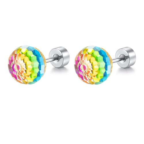 Dazzling Crystal Disco Ball Cartilage Stud Earrings for Women Mom Stainless Steel Austrian Colorful 6mm/8mm CZ Tragus Screw Flat Back Helix Tiny Studs Earring Fashion 60's 70's Jewelry Prom Party 20G - color: Colorful,8mm