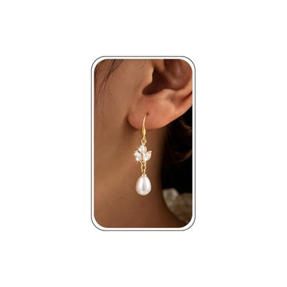 Pearl Drop Earrings 14K Gold Plated Dainty Bridesmaid Jewelry Gift - color: white
