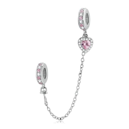 Heart Charm Clip Lock Spacer Stopper Charm Bead Bracelet 925 Sterling Silver Charms Safety Chain for Pandora Bracelets - color: Pink Heart