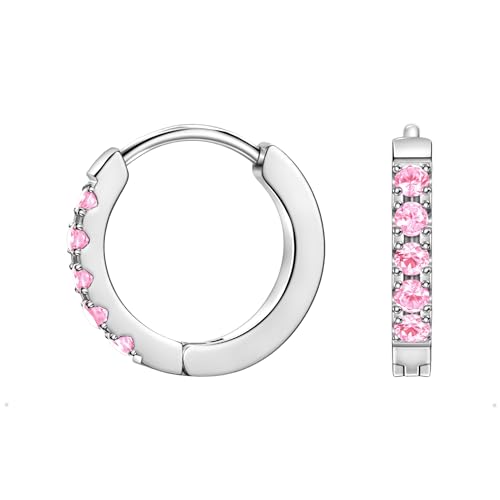 Birthstone Huggie Hoop Earrings for Women, Cubic Zirconia Small Hoops | 316L Surgical Steel, 18K Gold or Silver, 6-10mm, Hypoallergenic Waterproof, Cartilage Piercing, Birthday Gift - color: 10 OCT. Pink - Silver, size: 9mm