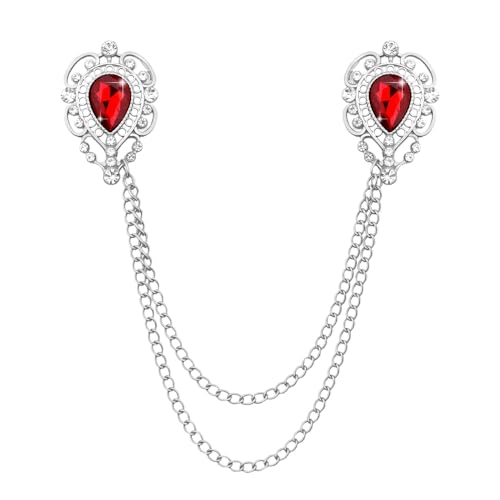 Teardrop Rhinestone Brooch Mens Lapel Pins for Shirt Collar Hanging Chain Brooch Suit Pin Crystal Rhinestone Lapel Pins for Men - color: Red-J