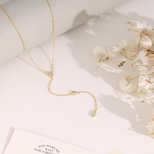 Long Gold Necklace For Women,Dainty Lariat Y Necklace 14K Gold Plated Cute Cubic Zirconia Lariat Necklaces Trendy Simple Statement Rhinestone Choker Necklaces Summer Jewelry - color: Gold-style 3