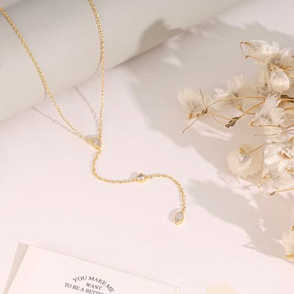 Long Gold Necklace For Women,Dainty Lariat Y Necklace 14K Gold Plated Cute Cubic Zirconia Lariat Necklaces Trendy Simple Statement Rhinestone Choker Necklaces Summer Jewelry - color: Gold-style 3
