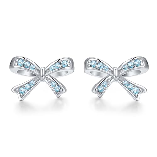 925 Sterling Silver Birthstone Bow Stud Earrings for Girls Women Bow Jewelry Birthday Gifts for Teens Kids Girls Bowknot Stud Earrings - color: 03.March