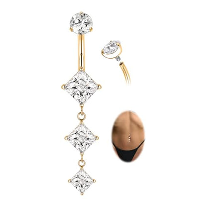 GAGABODY G23 Titanium Dangly Belly Button Ring Long Belly Rings Belly Piercing Jewelry 14G 3/8 inch 10mm Navel Barbell CZ Navel Piercing Ring - color: Style1:Gold+Dangle Square Shape Clear CZ