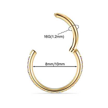 FUNLMO 20G 18G 16G 12G Nose Ring Hoop Conch Rook Daith Helix Tragus Piercing Jewelry 316L Surgical Steel Cartilage Earring Conch Hoop Earring Septum Jewelry Belly Lip Ring 5mm to 14mm - color: Gold-Pink ab CZ, 1pc