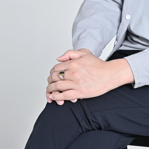 PAMTIER Men's Stainless Steel Gemstone Polished Signet Rings Classic Minimalist Square Cabochon Statement Band Jewelry Gift - color: Silver Yellowish-Brown
