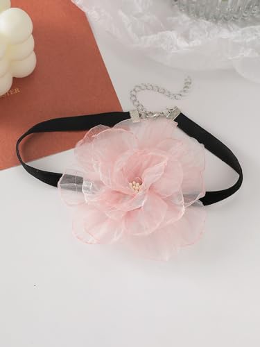 Rose Black Velvet Floral Choker Necklace - Camellia Daisy Rosette - Spring Summer Flower Jewelry - color: Pink 2