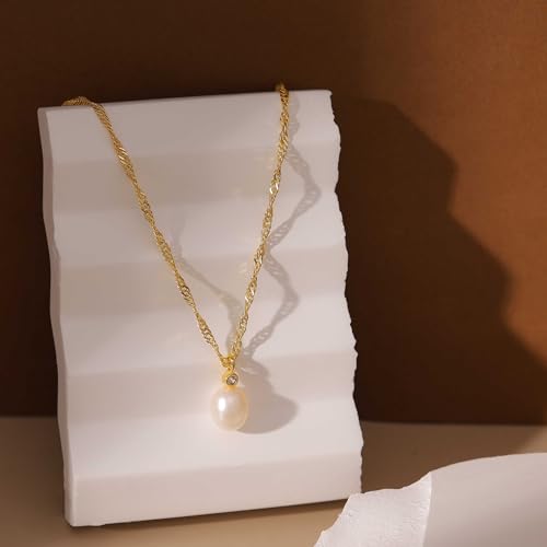 Pearl Necklaces for Women, Dainty Pearl Drop Necklace 14K Gold Plated CZ Pearls Pendant Necklace Small Gold Choker Necklaces for Women Trendy Wedding Jewelry Bridesmaids Gifts - color: Gold Plated-Wave Pearl